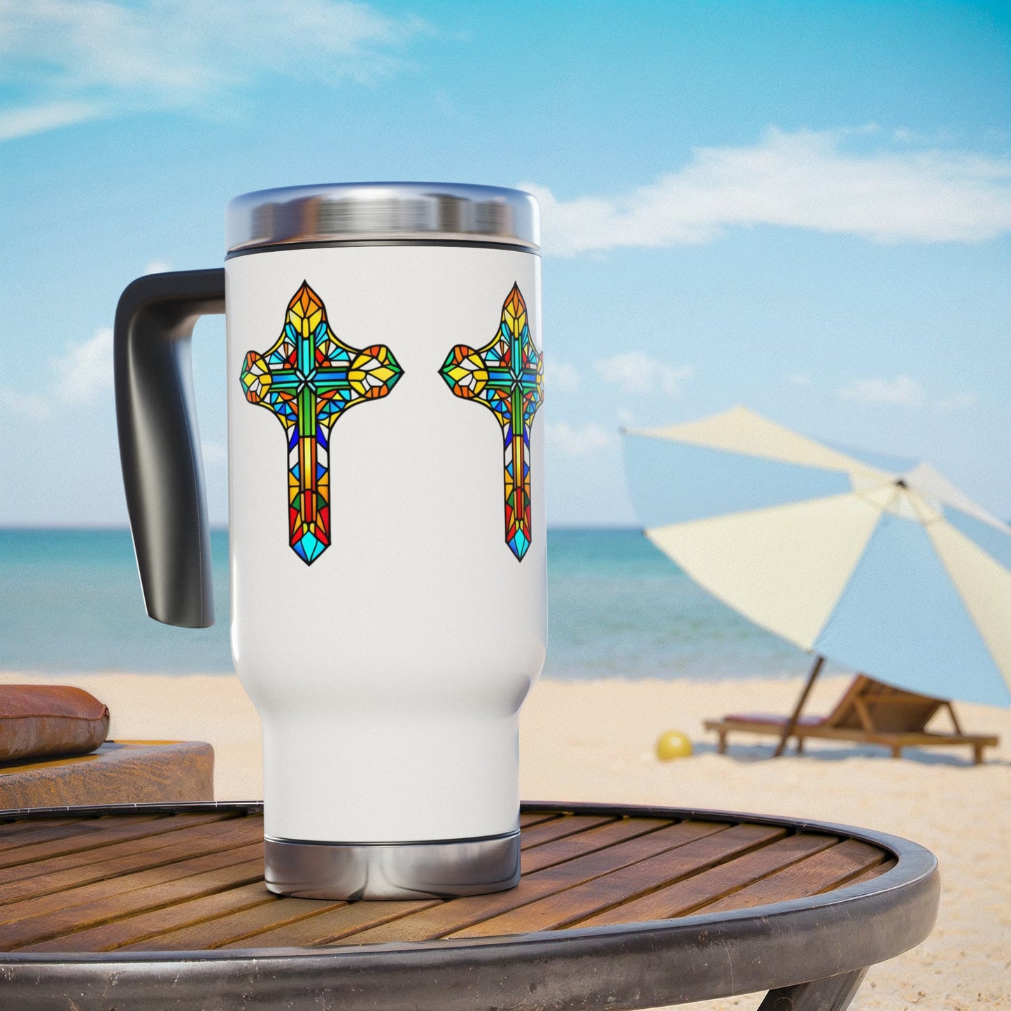 Stain Glass Cross Stainless Steel Travel Mug with Handle, 14oz