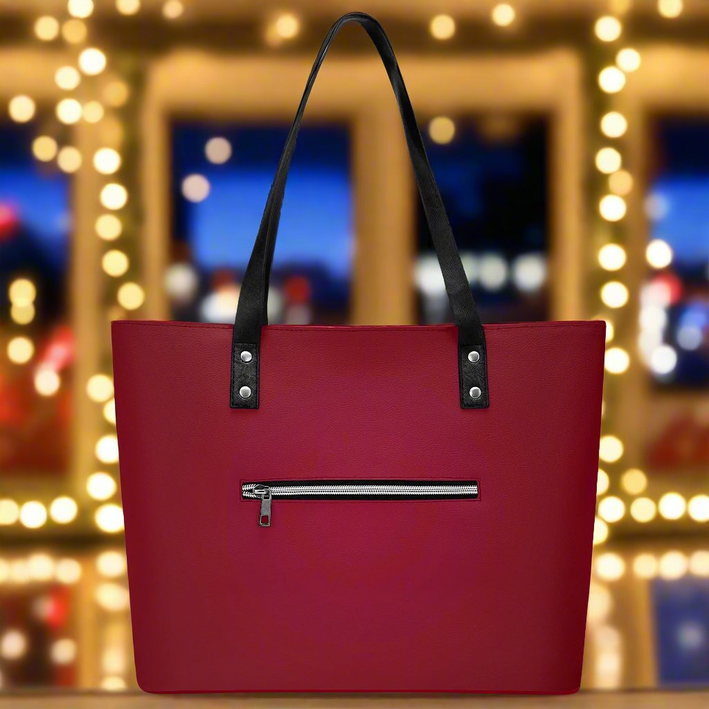 Womens Christmas Leather Tote Bag with Front Zipper Pocket