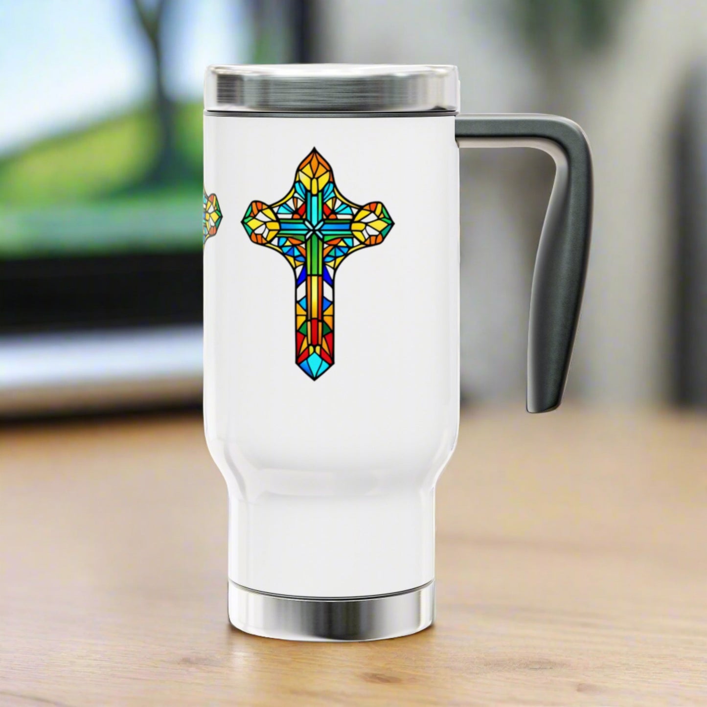 Stain Glass Cross Stainless Steel Travel Mug with Handle, 14oz