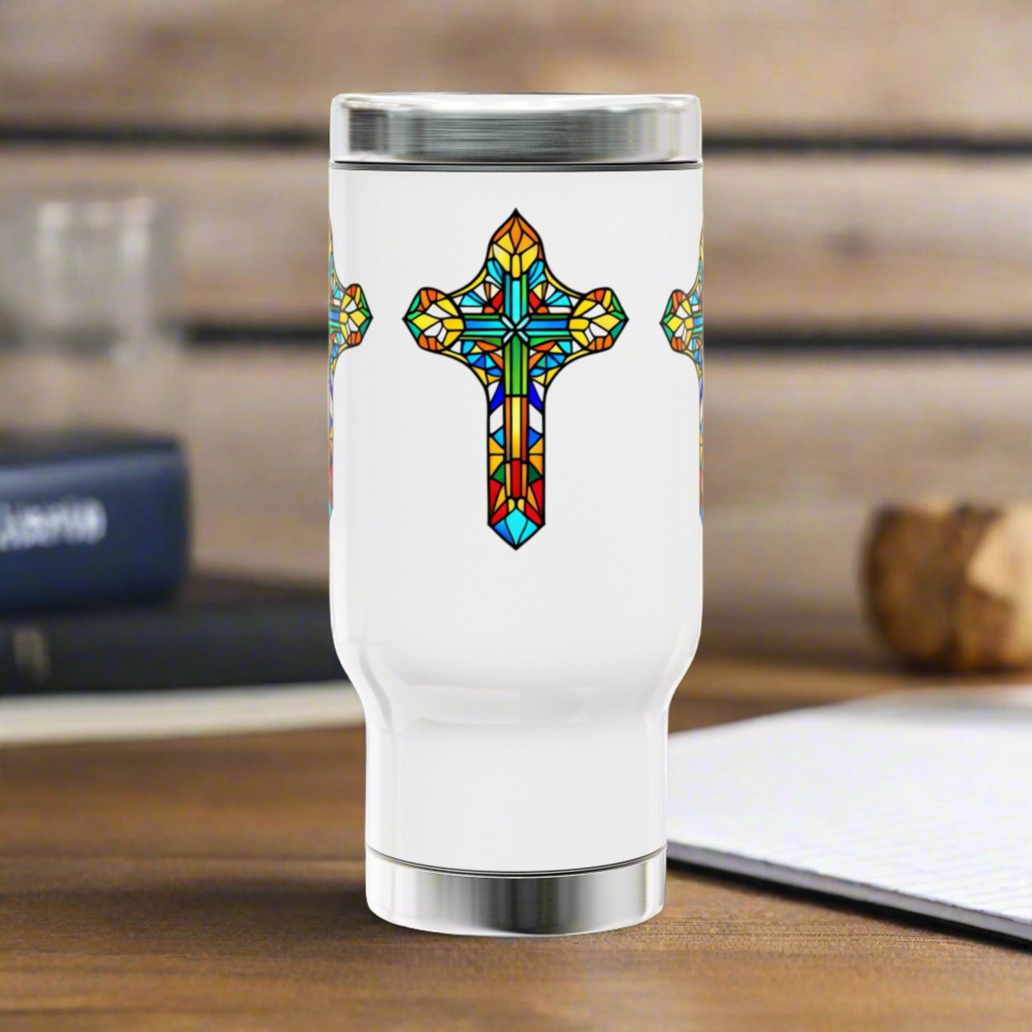 Stain Glass Cross Stainless Steel Travel Mug with Handle, 14oz